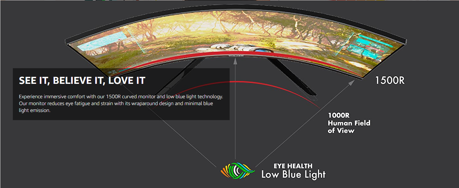 Experience immersive comfort with our 1500R curved monitor and low blue light technology. Our monitor reduces eye fatigue and strain with its wraparound design and minimal blue light emission.