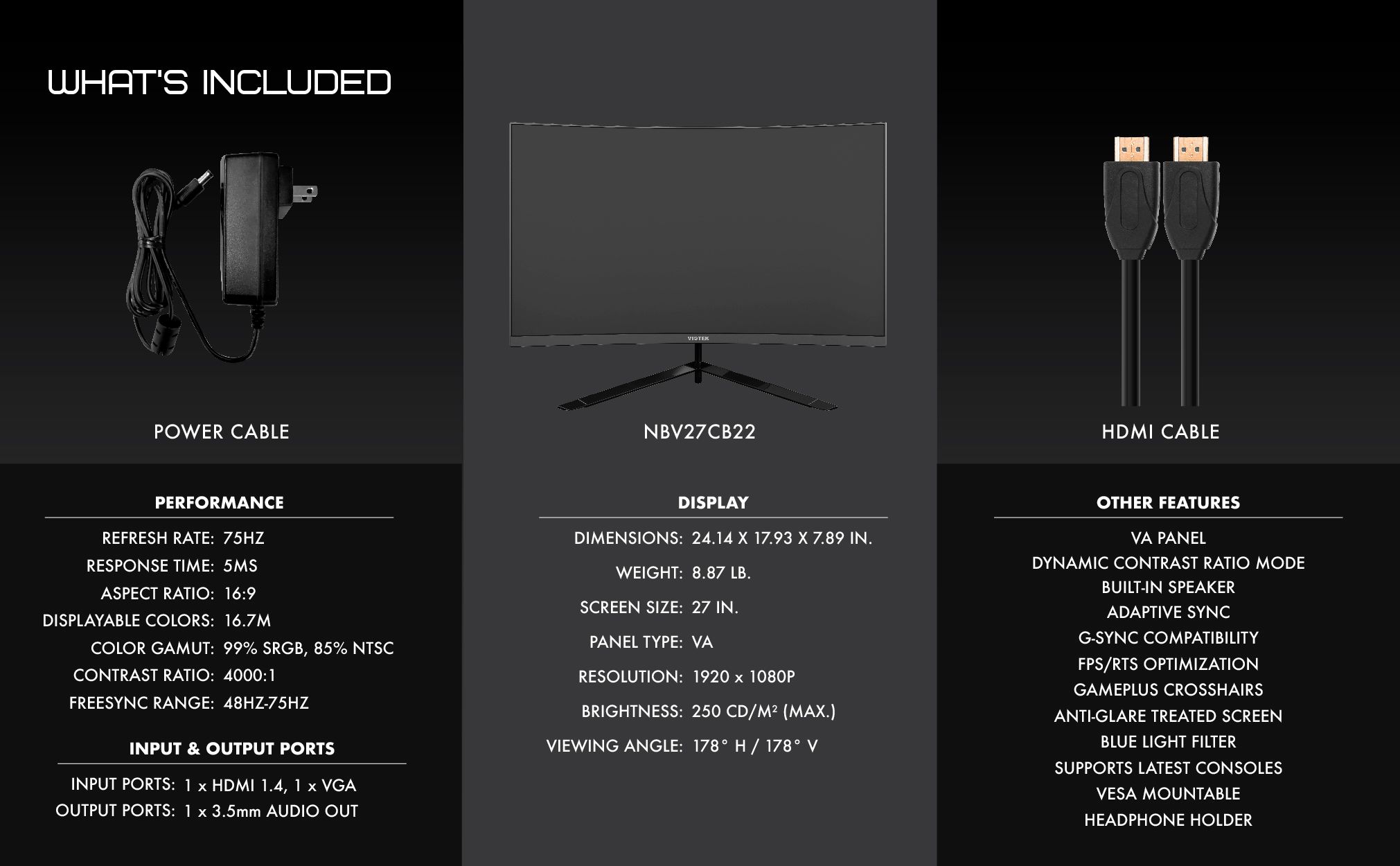 Viotek NBV27CB22 27 inch Curved 75Hz Monitor for School & Office  FHD 1080p with Speakers 4000:1 High Contrast VA Panel FreeSync & G-Sync 