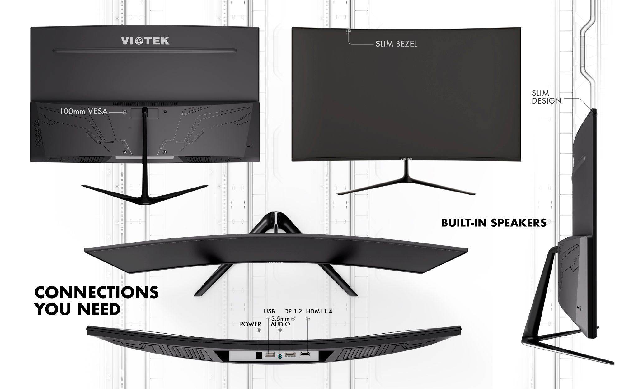 DisplayPort 1.2 and an HDMI port | Built-in Speakers | 3.5mm audio out | 100x100mm VESA